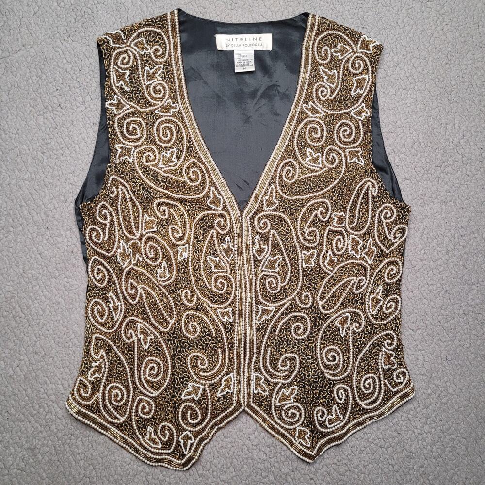 VTG Niteline Della Roufogali Vest Med Gold Embellished 90s Ornate Baroque Glam